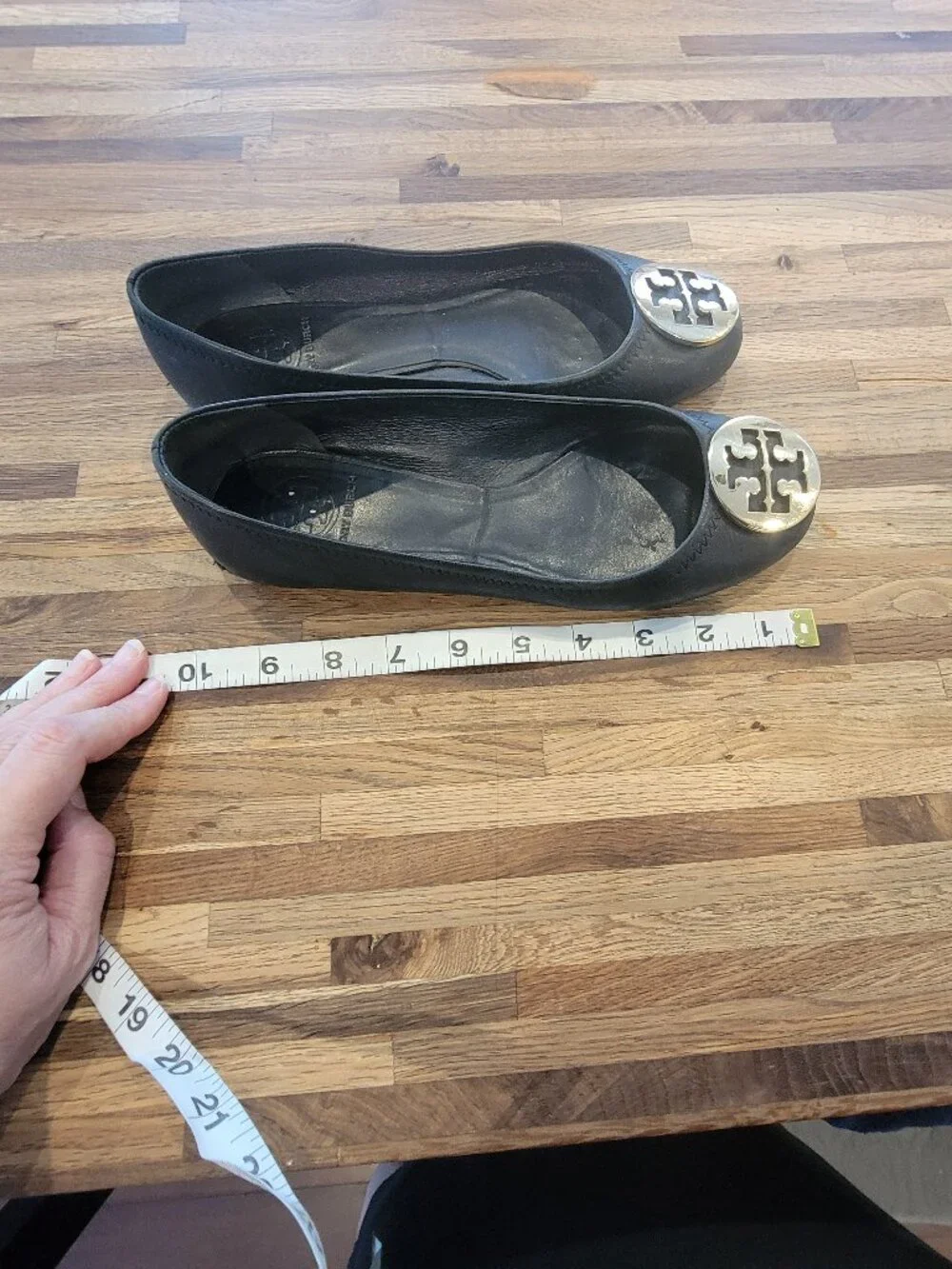 Tory Burch  Reva Black Leather & Metal Toe Logo Ballet Flats